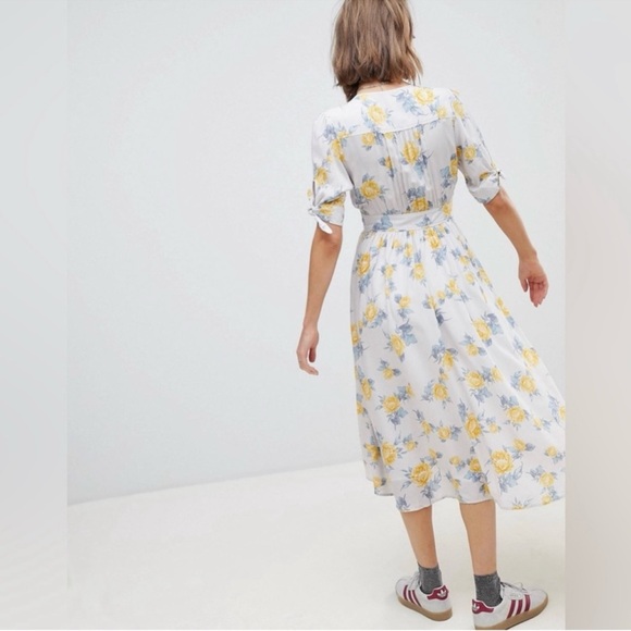 Free People—Love of My Life Dress, Floral Yellow Gray, Sleeves, Plunge, Midi—M - Picture 5 of 6